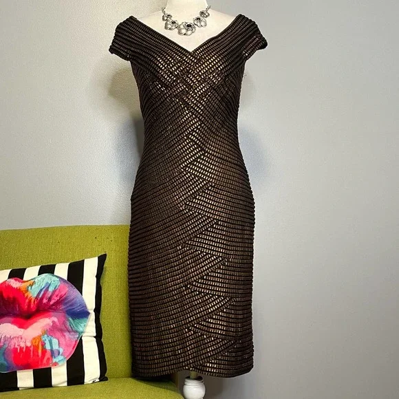 slim fit dress slacks Black Tadashi Shoji Bodycon Vintage Dress w Gold Star Studs – Modig main image 1